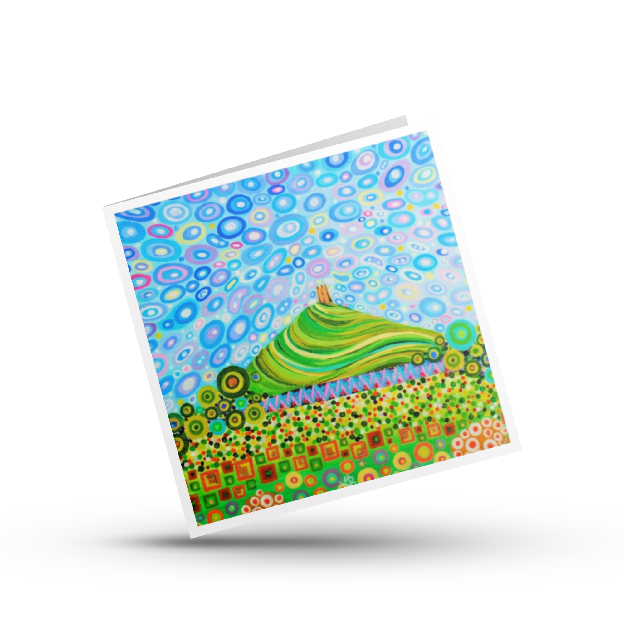 Colourful greeting card with a green Glastonbury Tor abstract pattern design on a white background by Mark Betson Artist
