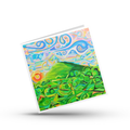 Colourful greeting card with a green Glastonbury Tor abstract design on a white background by Mark Betson Artist