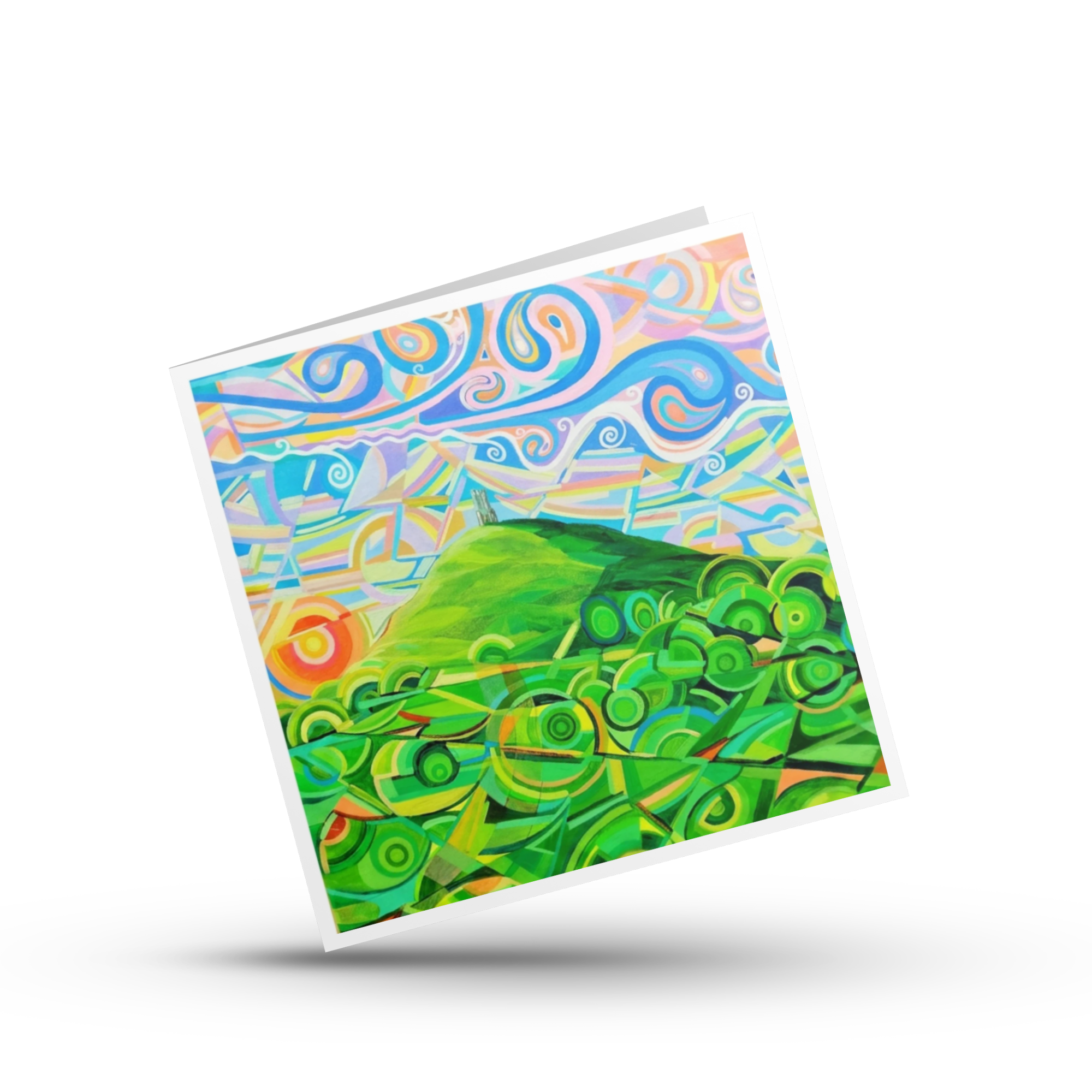 Colourful greeting card with a green Glastonbury Tor abstract design on a white background by Mark Betson Artist