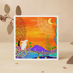 Colourful abstract artwork with a hare, trees, and mountains on a beige background