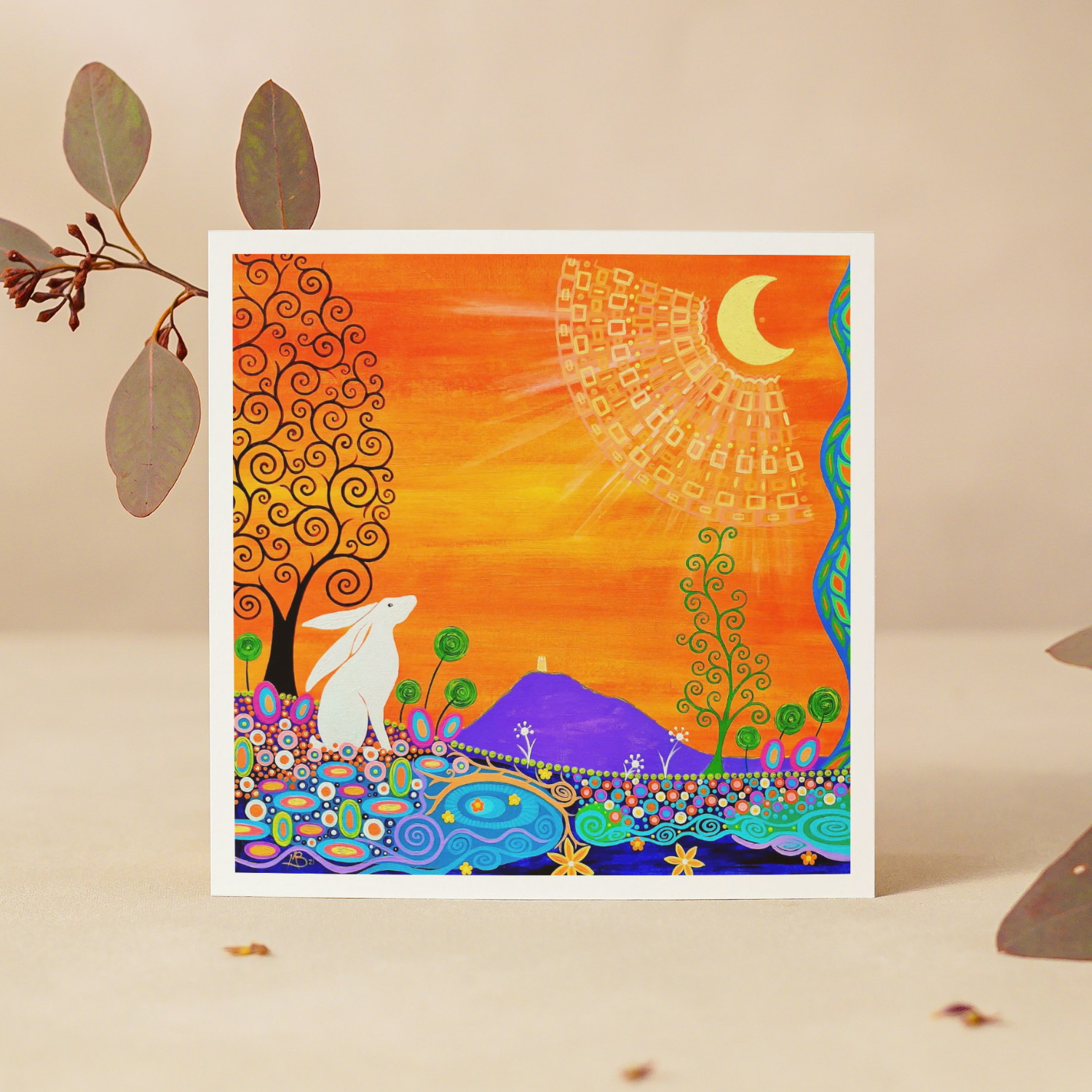 Colourful abstract artwork with a hare, trees, and mountains on a beige background