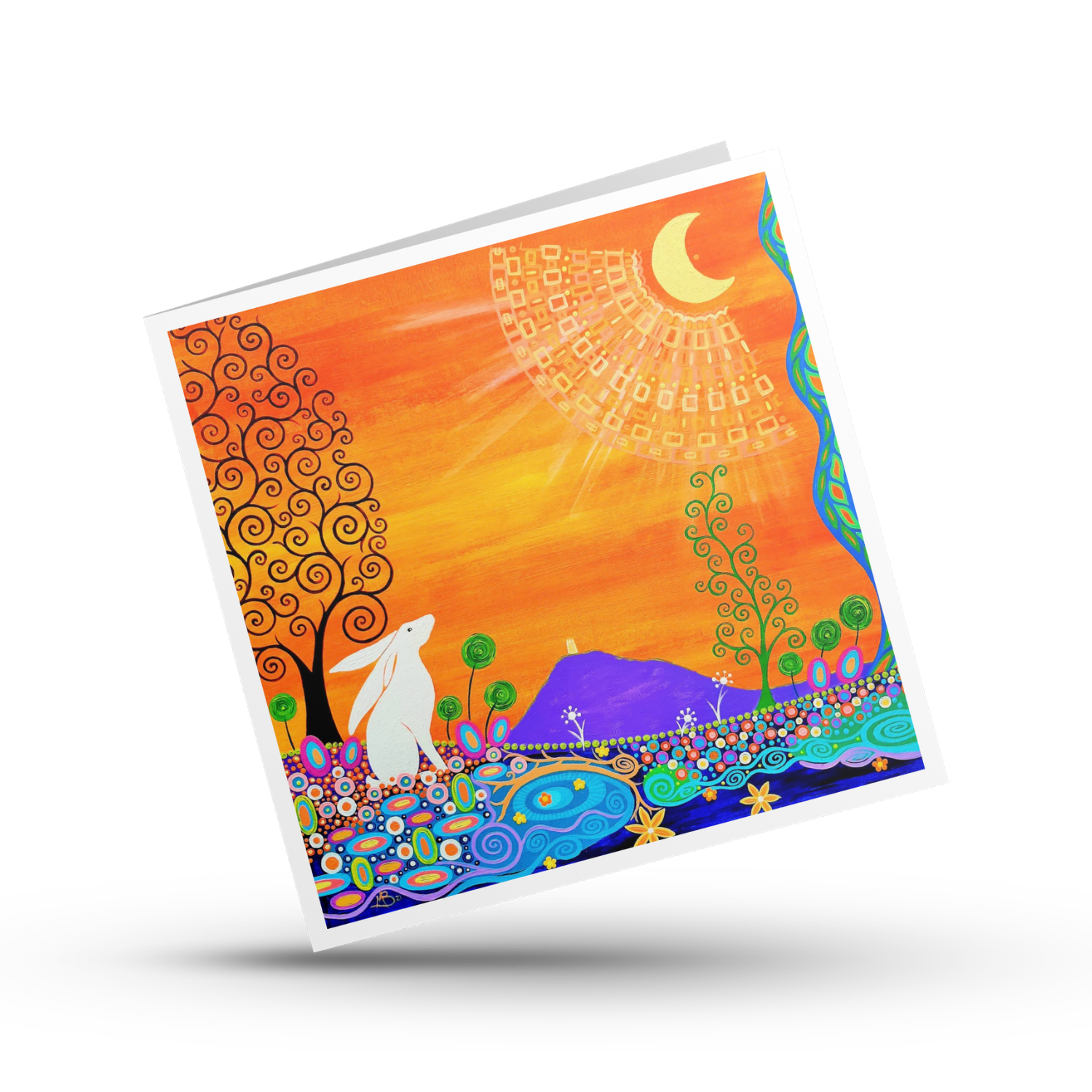 Colourful greeting card with a moon gazing hare, trees, and Glastonbury Tor landscape design on a white background by Mark Betson Artist