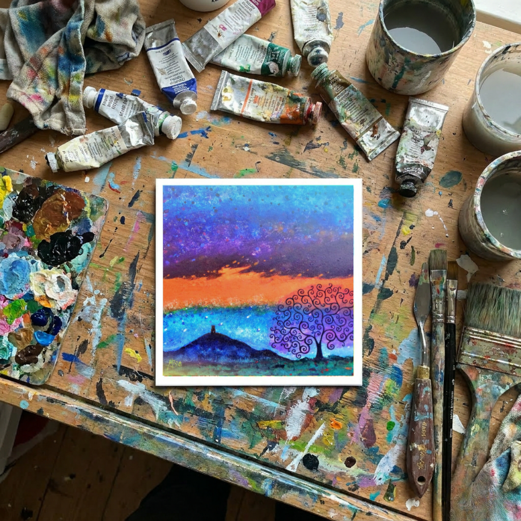 Artistic depiction of a landscape with a colourful sky and Glastonbury Tor on a paint-covered table with art supplies.