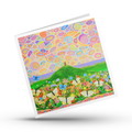 Colourful greeting card with a Glastonbury Tor landscape design featuring butterflies and flowers on a white background by Mark Betson Artist