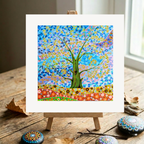 Colourful abstract tree of life painting on a wooden easel with decorative stones and leaves.