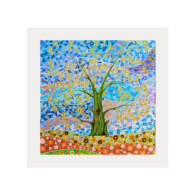 Colourful abstract painting of a tree with a white border