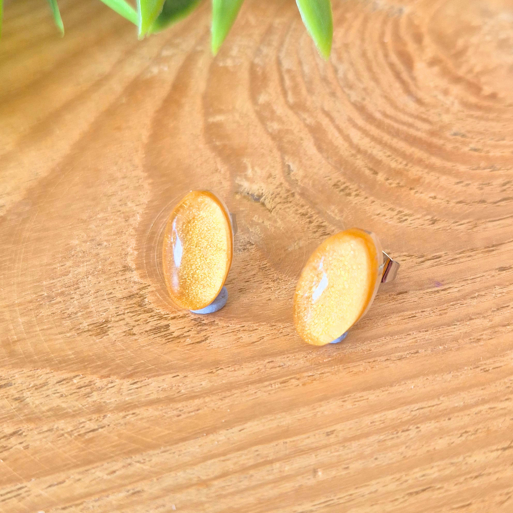 Round orange earrings on a wooden surface with green leaves in the background