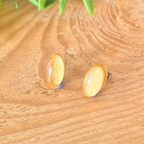 Round orange earrings on a wooden surface with green leaves in the background