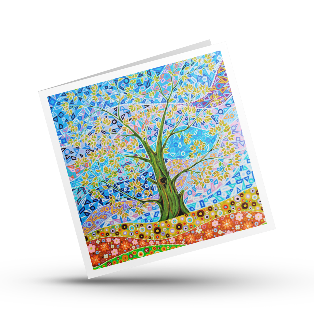 Colourful greeting card with a tree of Life design on a white background