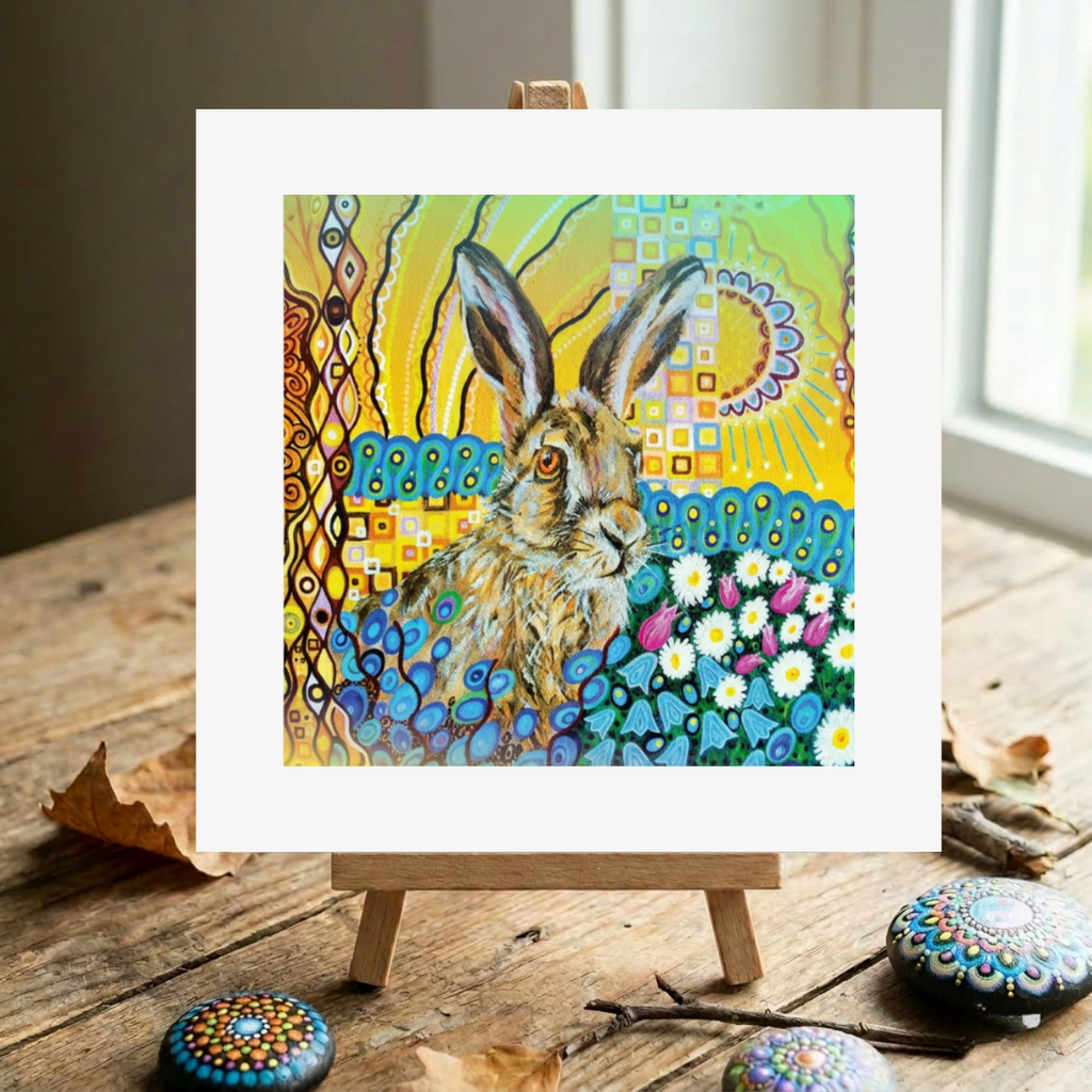 Colourful painting of a rabbit on a wooden easel with decorative stones and leaves.