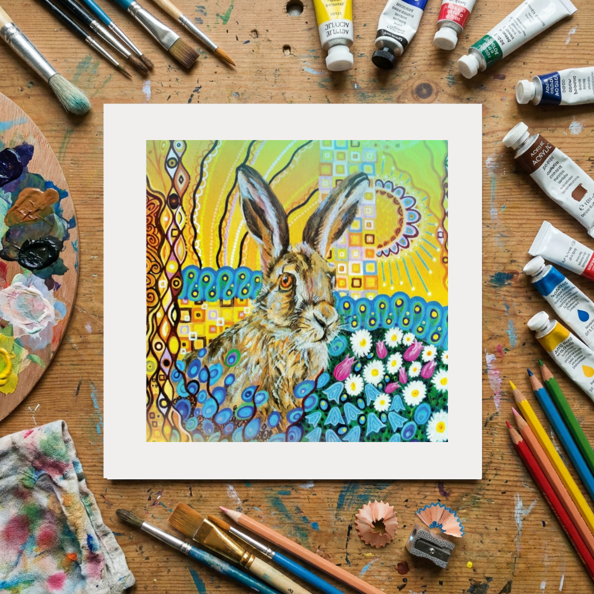 Colourful artwork of a rabbit on a wooden surface with art supplies.