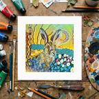 Colourful artwork of a rabbit surrounded by flowers on a wooden surface with art supplies.