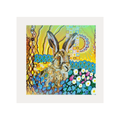 Colourful artwork of a rabbit in a garden with abstract patterns