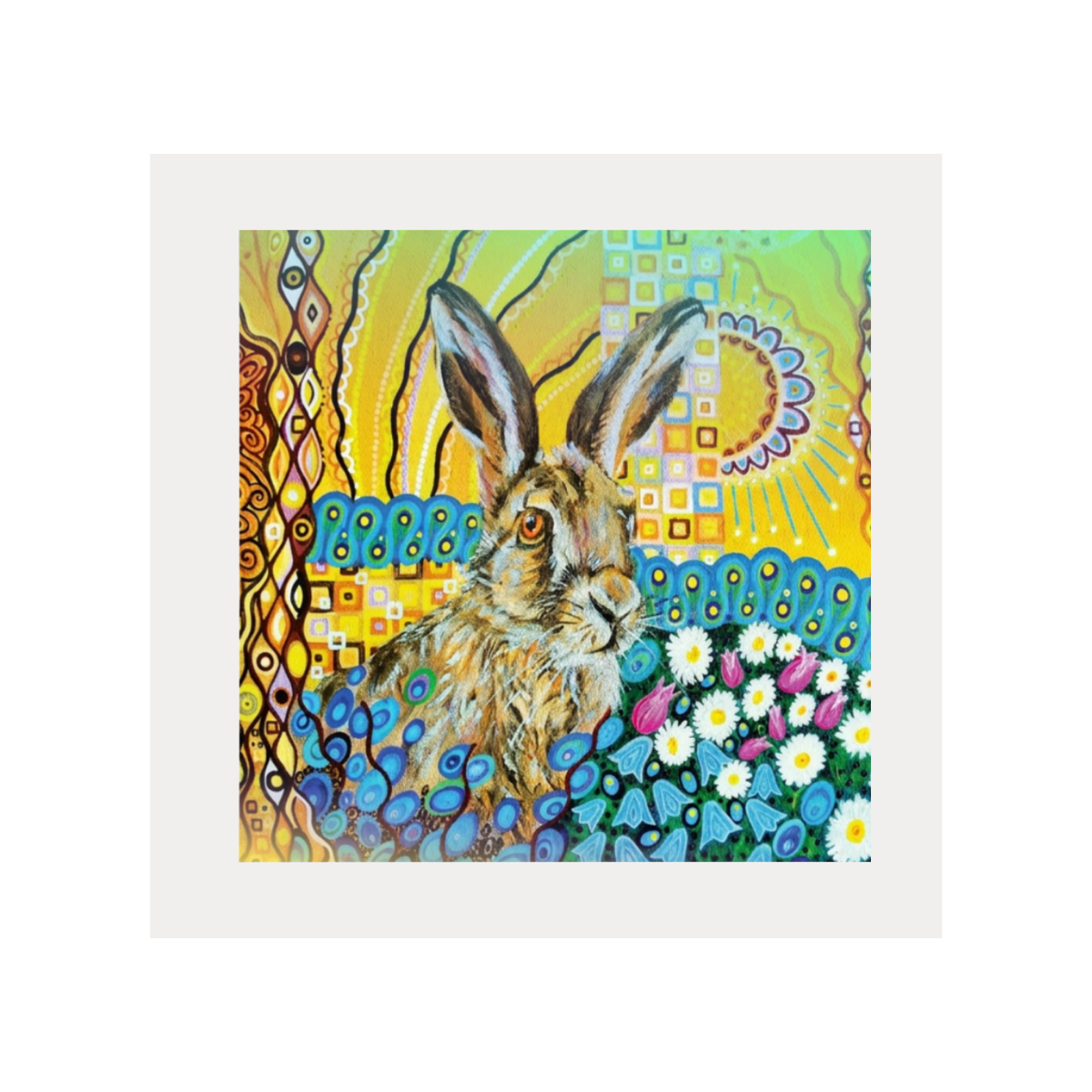 Colourful artwork of a rabbit in a garden with abstract patterns