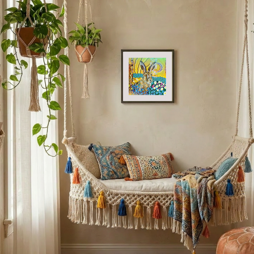 Decorative indoor swing with colourful pillows and tassels, hanging plants, and a framed artwork on the wall.
