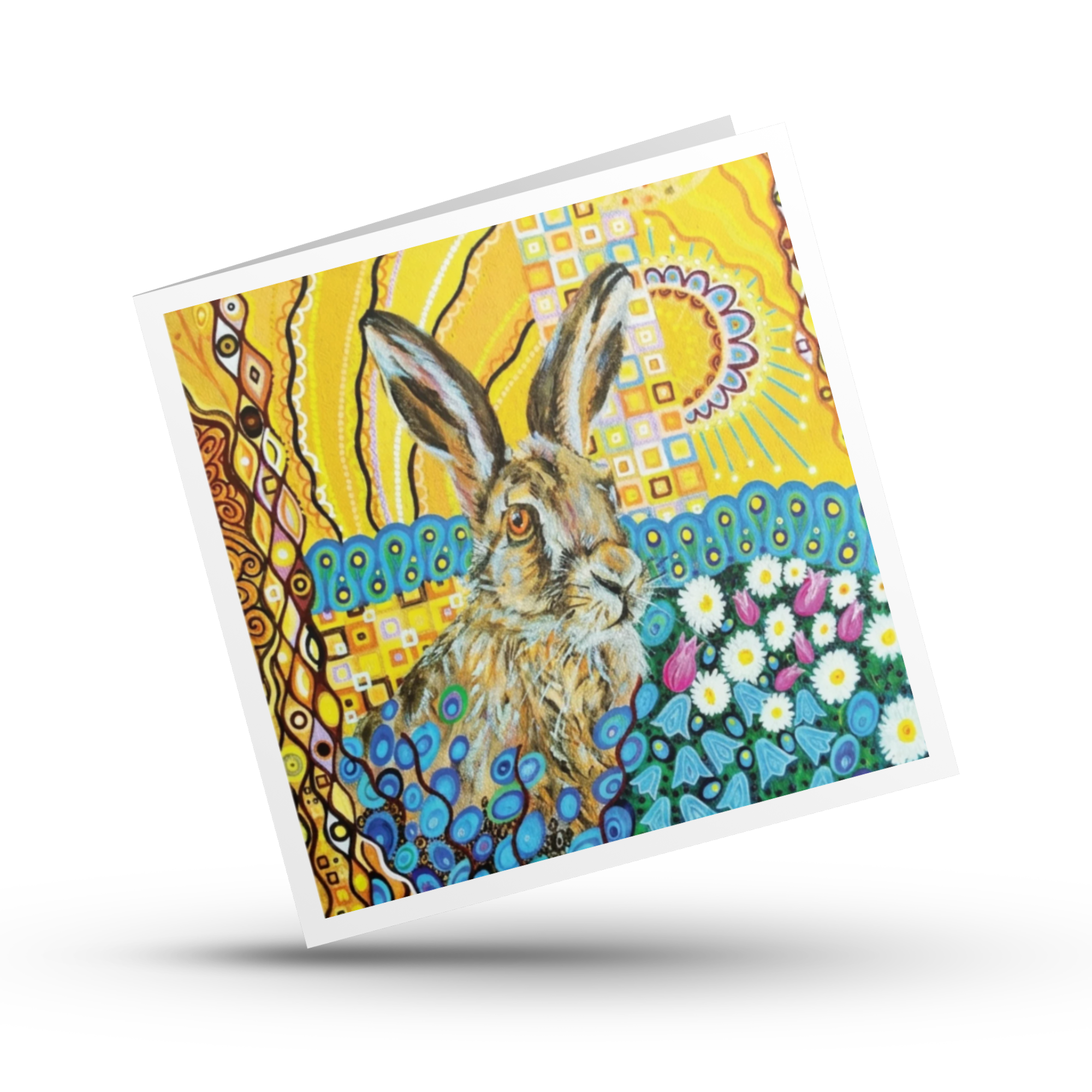 Greeting card with a colourful Klimt inspired design featuring a hare and floral elements on a white background
