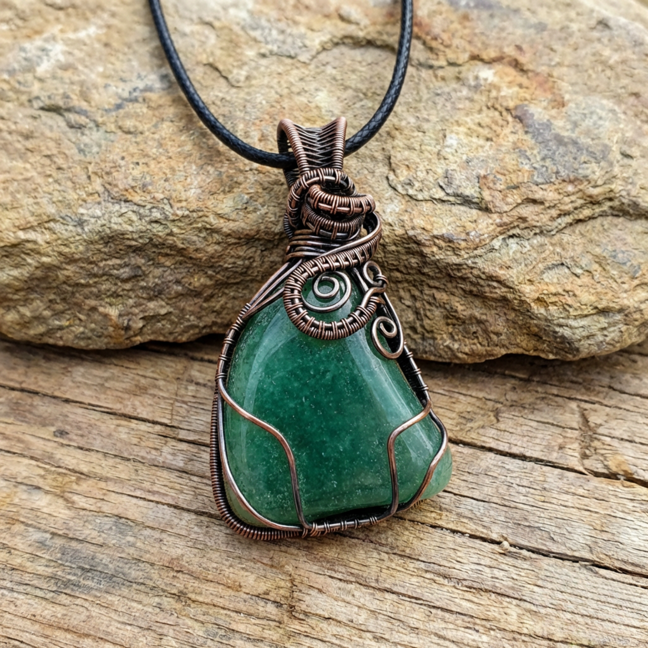 Green Aquamarine stone pendant with copper wire wrapping on a rock background