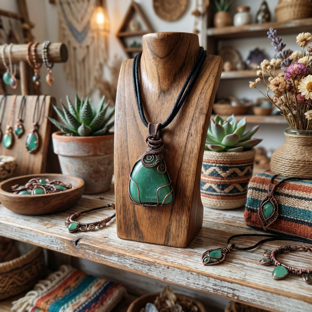 Jewellery display with a green aquamarine pendant on a wooden stand, surrounded by plants and other jewellery items.
