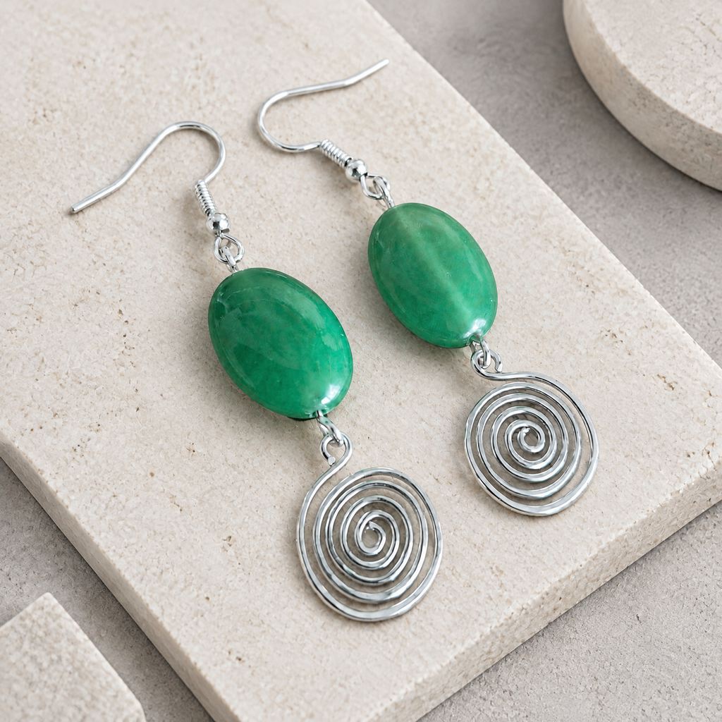 Green Aventurine Open Silver Spiral Earrings, Handmade Gemstone Drop Earrings, Gift for Her