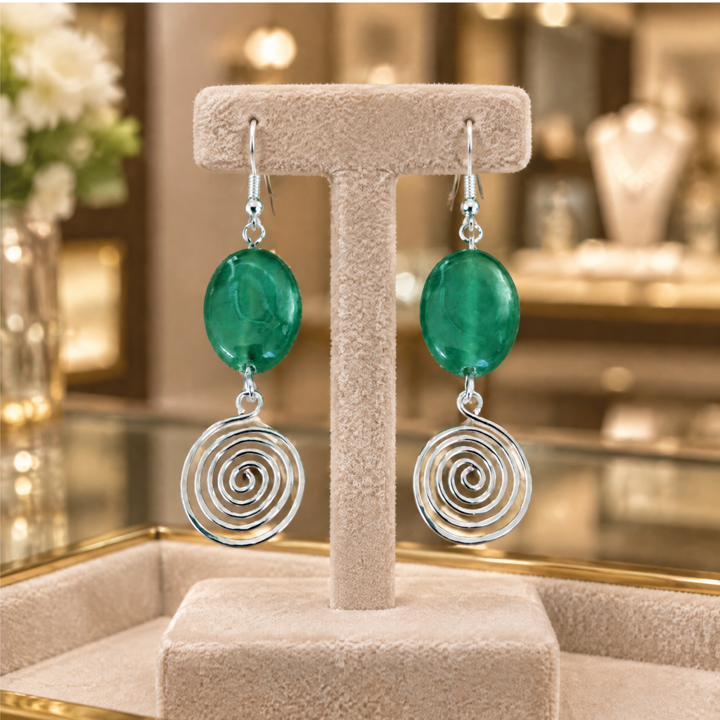 Green Aventurine Open Silver Spiral Earrings, Handmade Gemstone Drop Earrings, Gift for Her