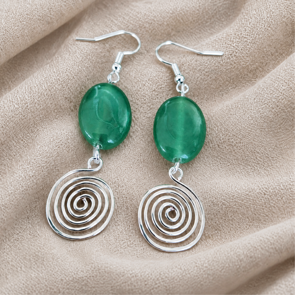 Green Aventurine Open Silver Spiral Earrings, Handmade Gemstone Drop Earrings, Gift for Her