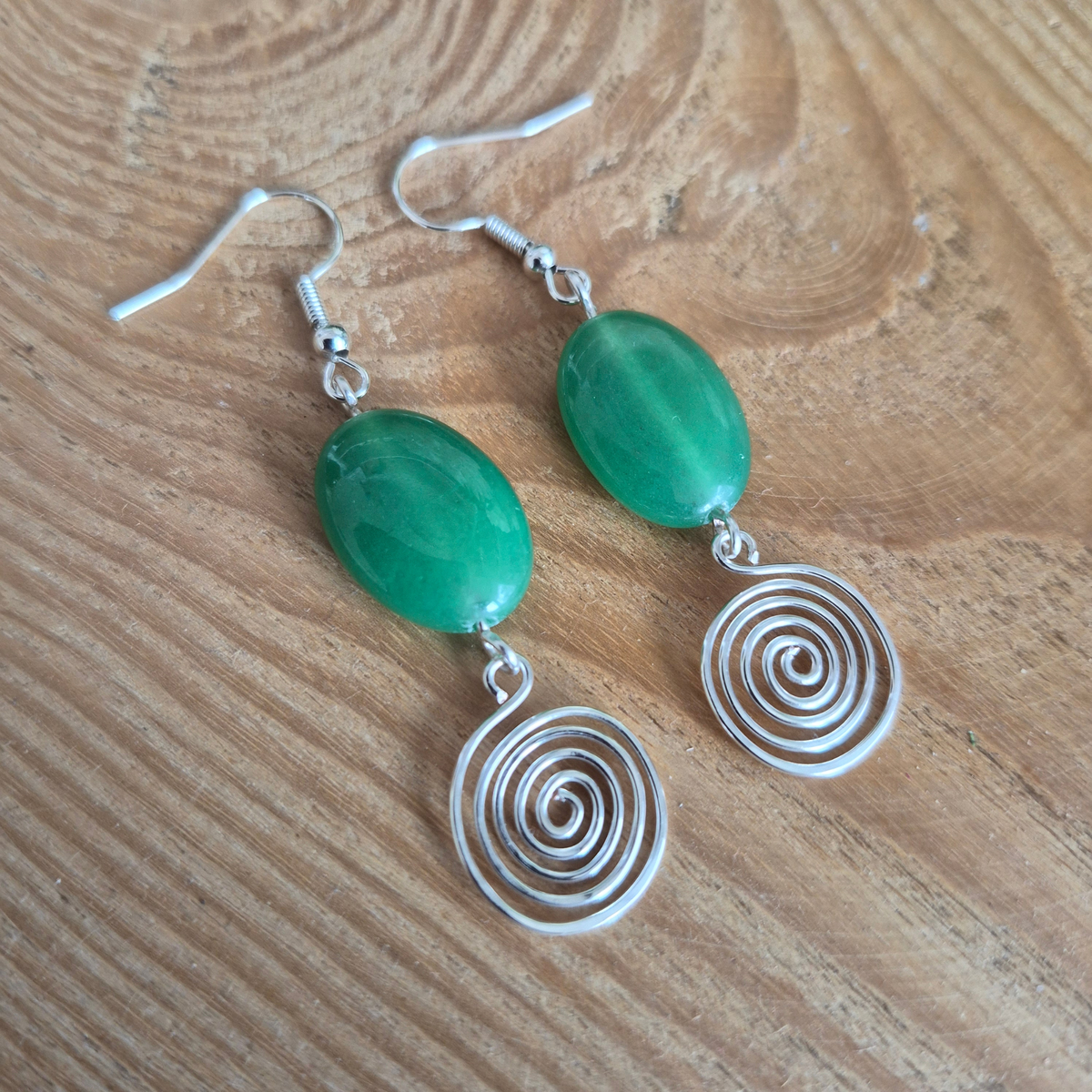 Green Aventurine Open Silver Spiral Earrings, Handmade Gemstone Drop Earrings, Gift for Her