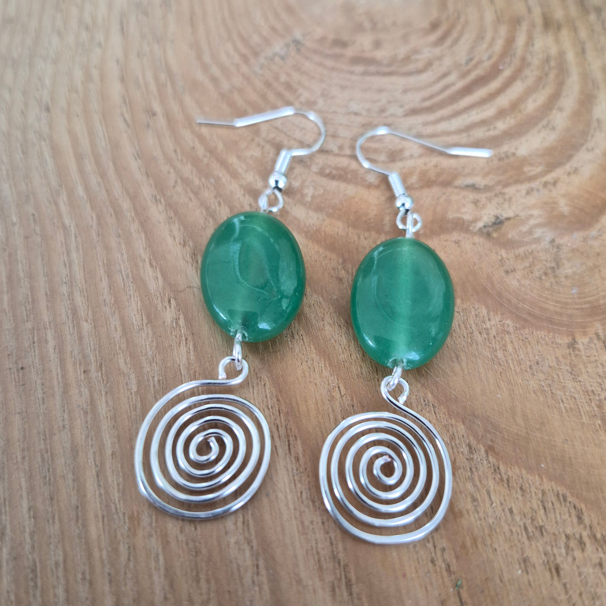 Green Aventurine Open Silver Spiral Earrings, Handmade Gemstone Drop Earrings, Gift for Her