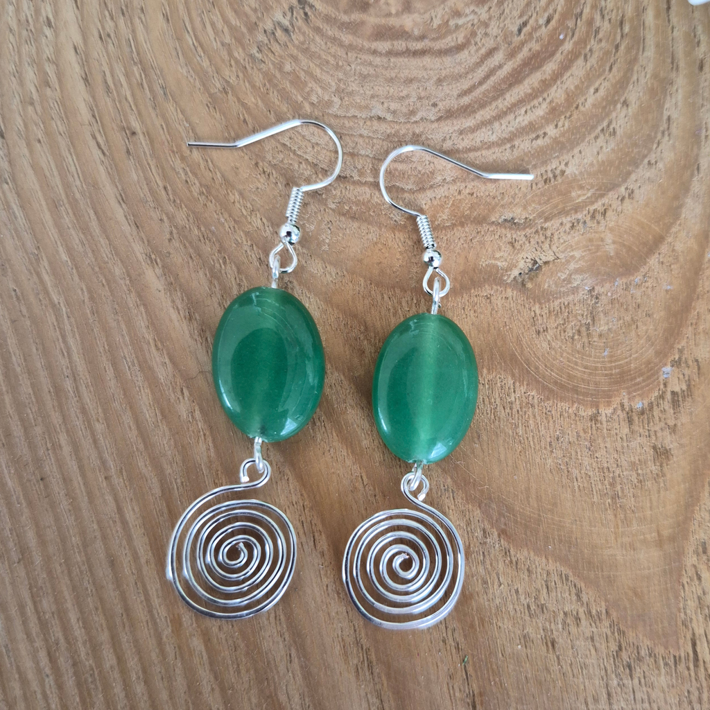 Green Aventurine Open Silver Spiral Earrings, Handmade Gemstone Drop Earrings, Gift for Her