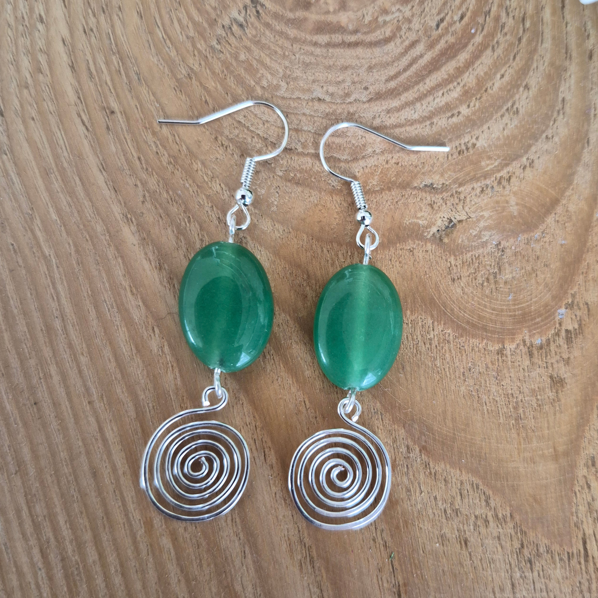 Green Aventurine Open Silver Spiral Earrings, Handmade Gemstone Drop Earrings, Gift for Her
