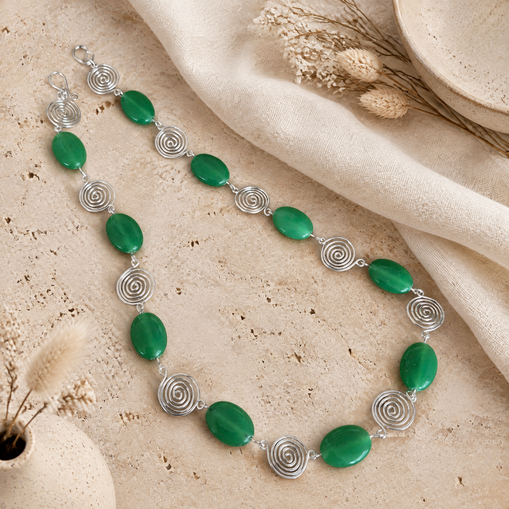 Green Aventurine Silver Spiral Necklace, Handmade Wire and Bead Jewellery, Gift for Her
