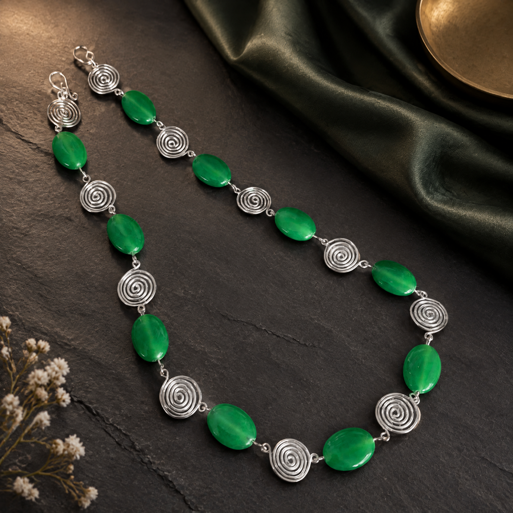 Green Aventurine Silver Spiral Necklace, Handmade Wire and Bead Jewellery, Gift for Her
