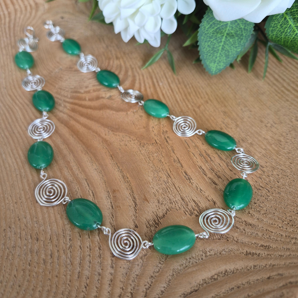 Green Aventurine Silver Spiral Necklace, Handmade Wire and Bead Jewellery, Gift for Her