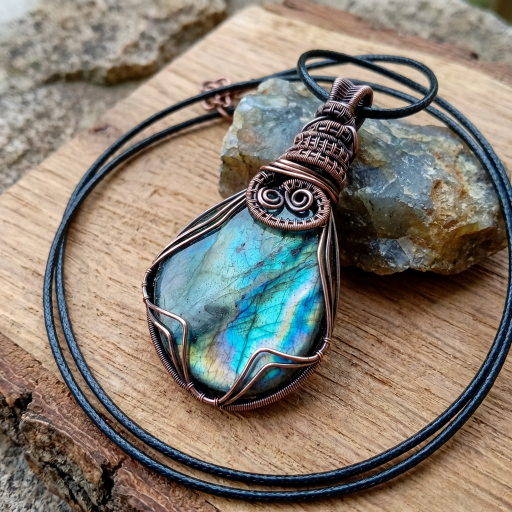Necklace with a labradorite pendant on a wooden surface
