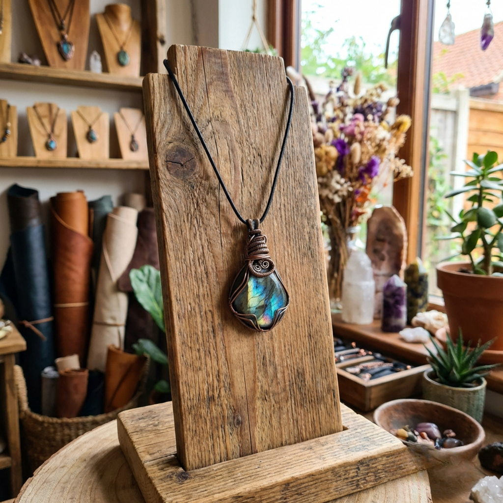 Necklace with a pendant on a wooden stand in a jewelry store setting