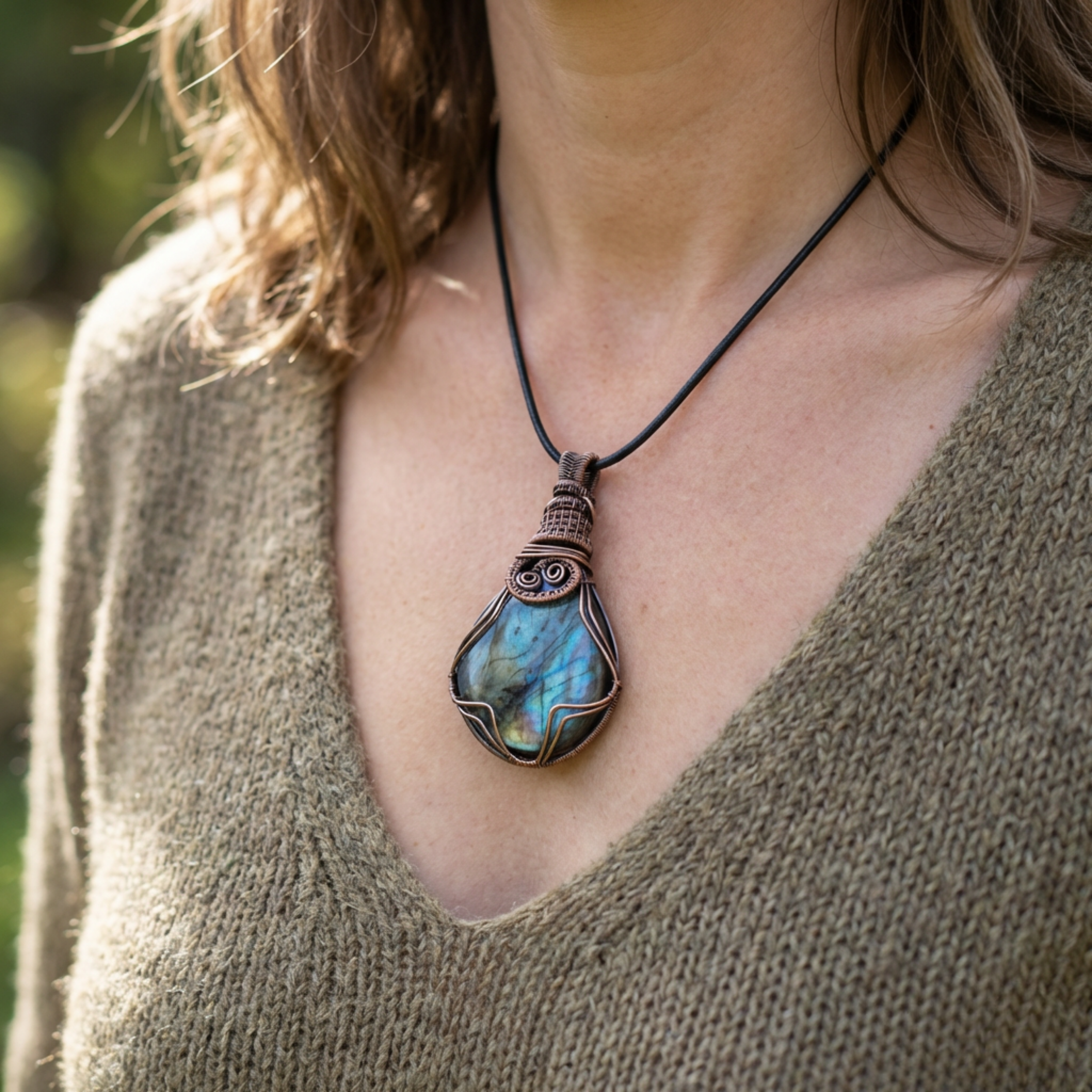 Necklace with a Labradorite pendant worn by a person in a green sweater.