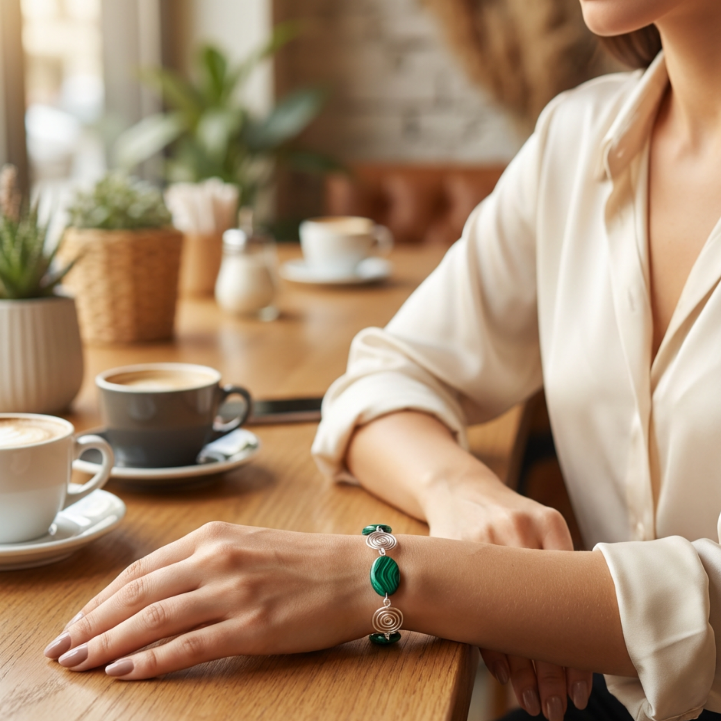Person sitting at a table with coffee cups and plants, wearing a green bracelet.