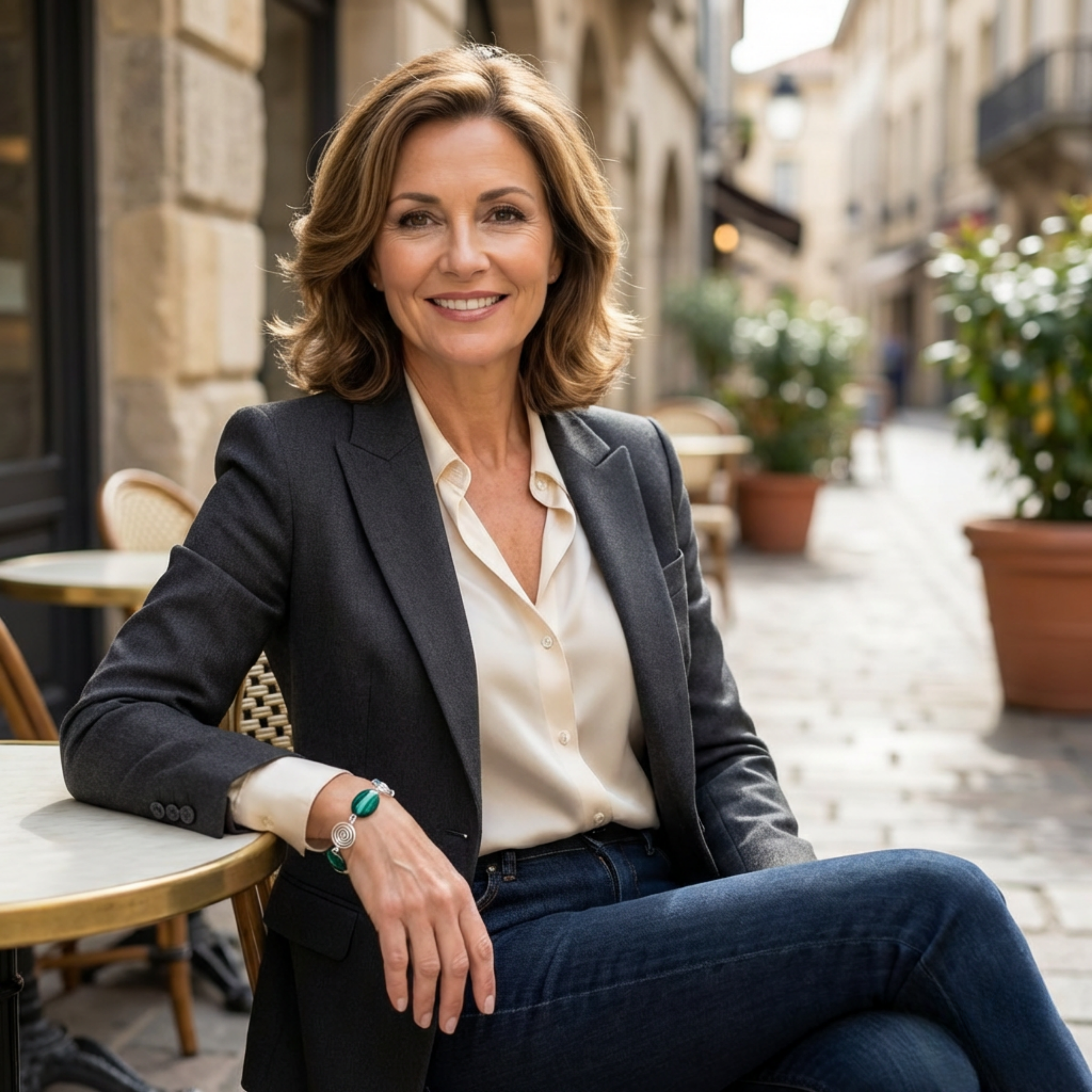 Woman sitting outdoors in an urban setting, wearing a dark blazer and white shirt. And a green and silver bracelet