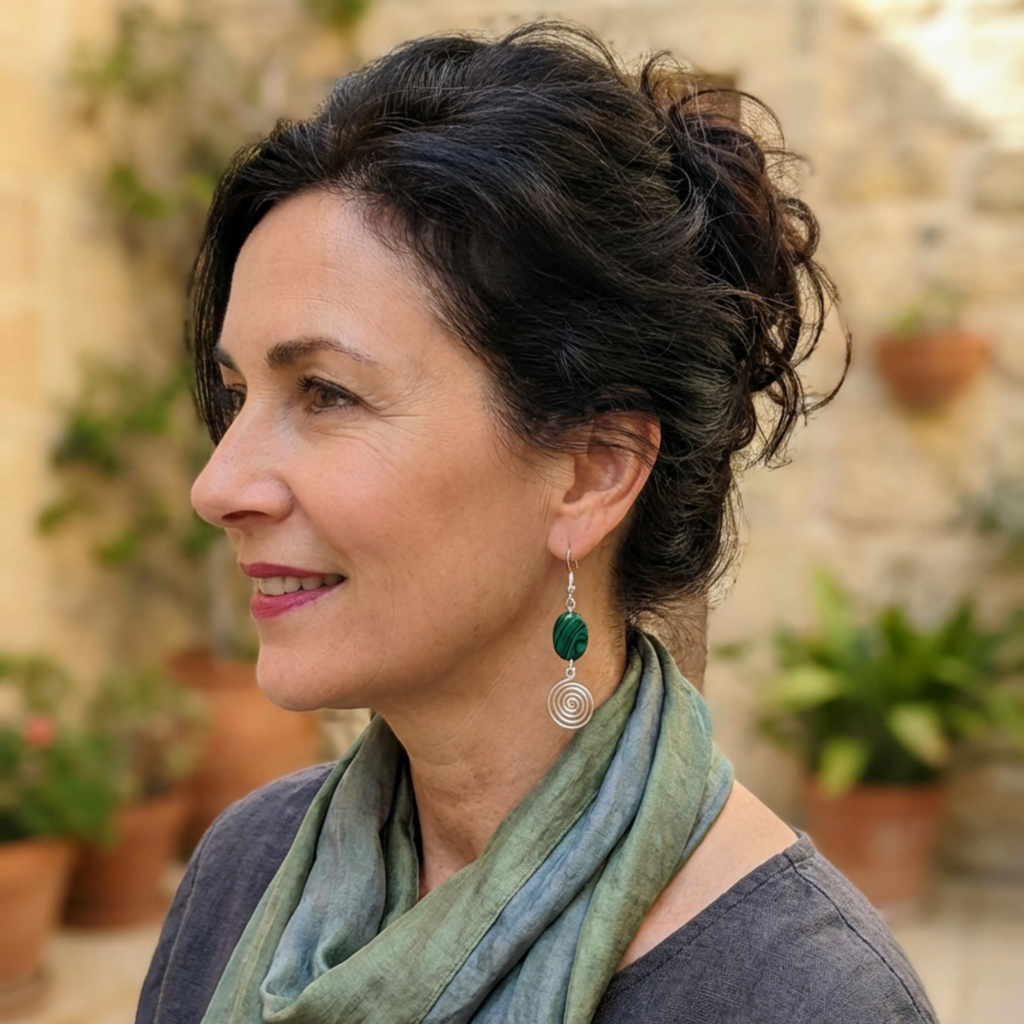 Woman wearing green earrings and a scarf with a blurred background of plants and a stone wall.