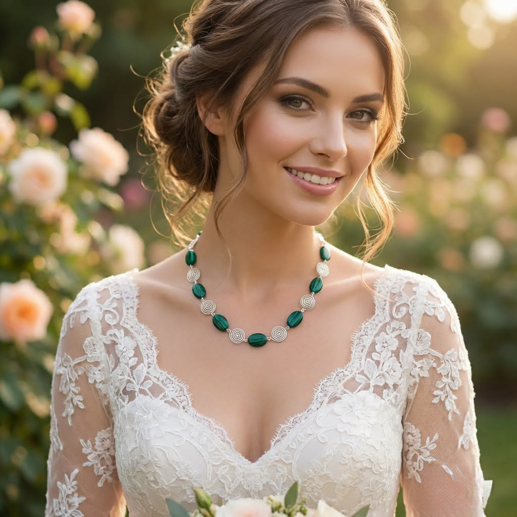 Woman bride wearing a green and silver necklace in a garden setting