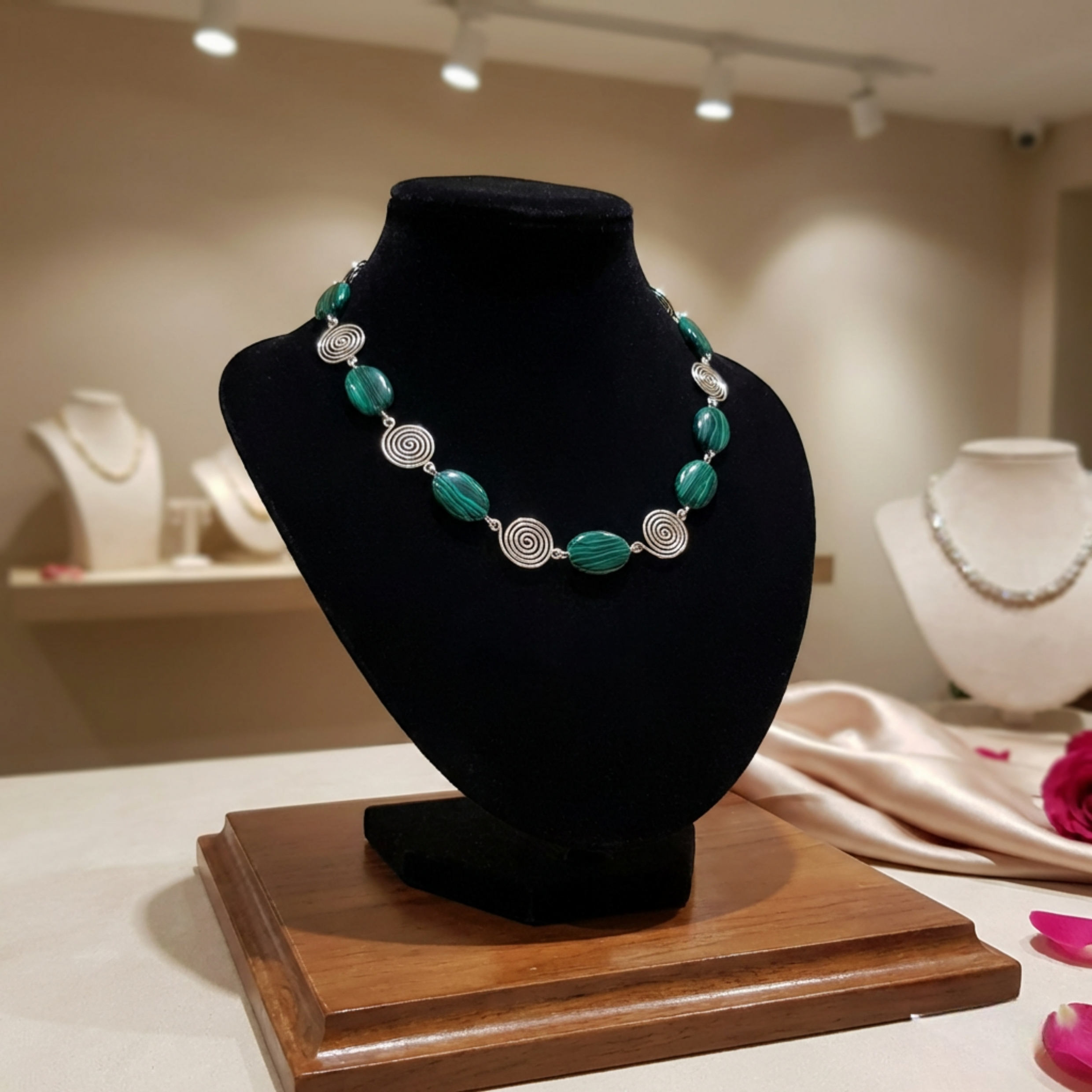Green bead and silver spiral Necklace on a black mannequin bust with a wooden base in a jewellery store setting.