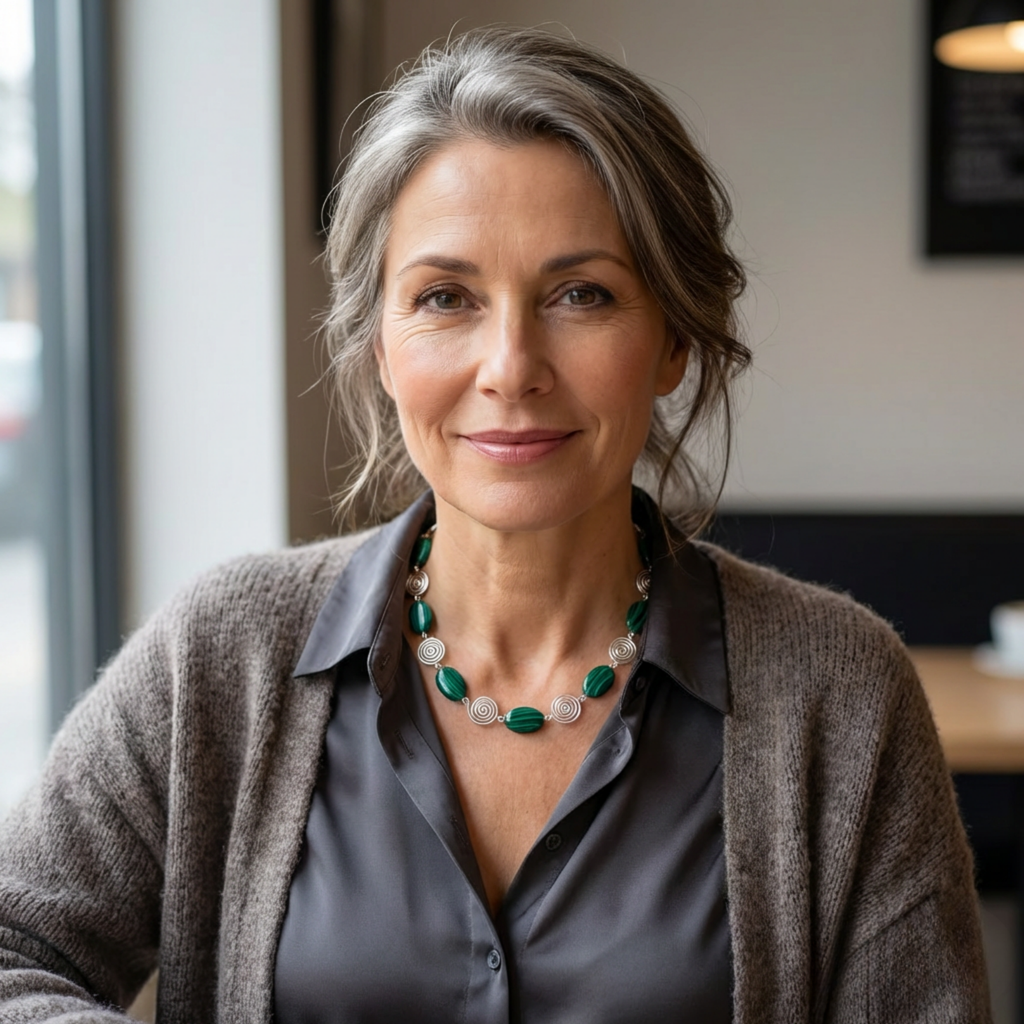 Woman wearing a grey cardigan and green necklace with silver spirals indoors