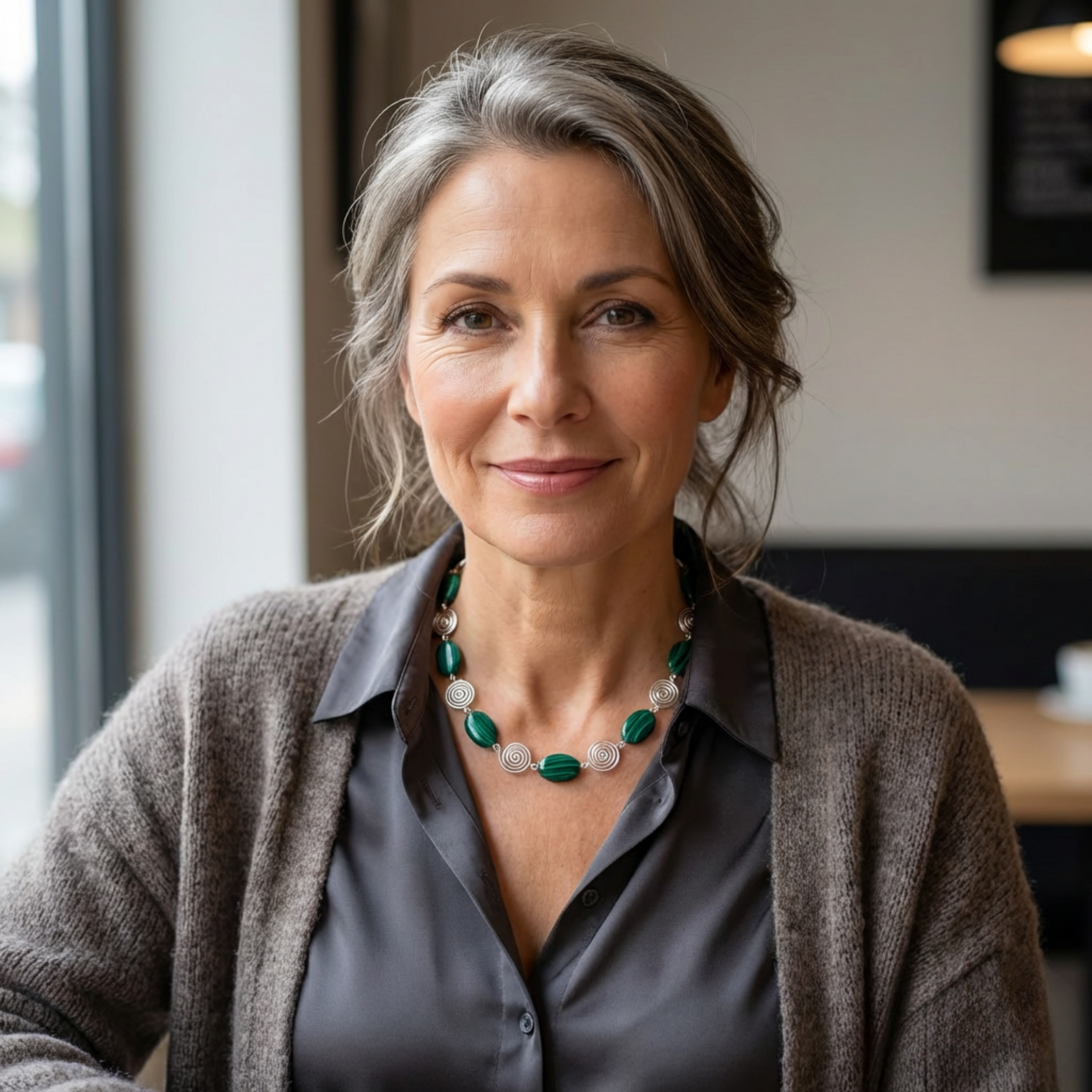Woman wearing a grey cardigan and green necklace with silver spirals indoors