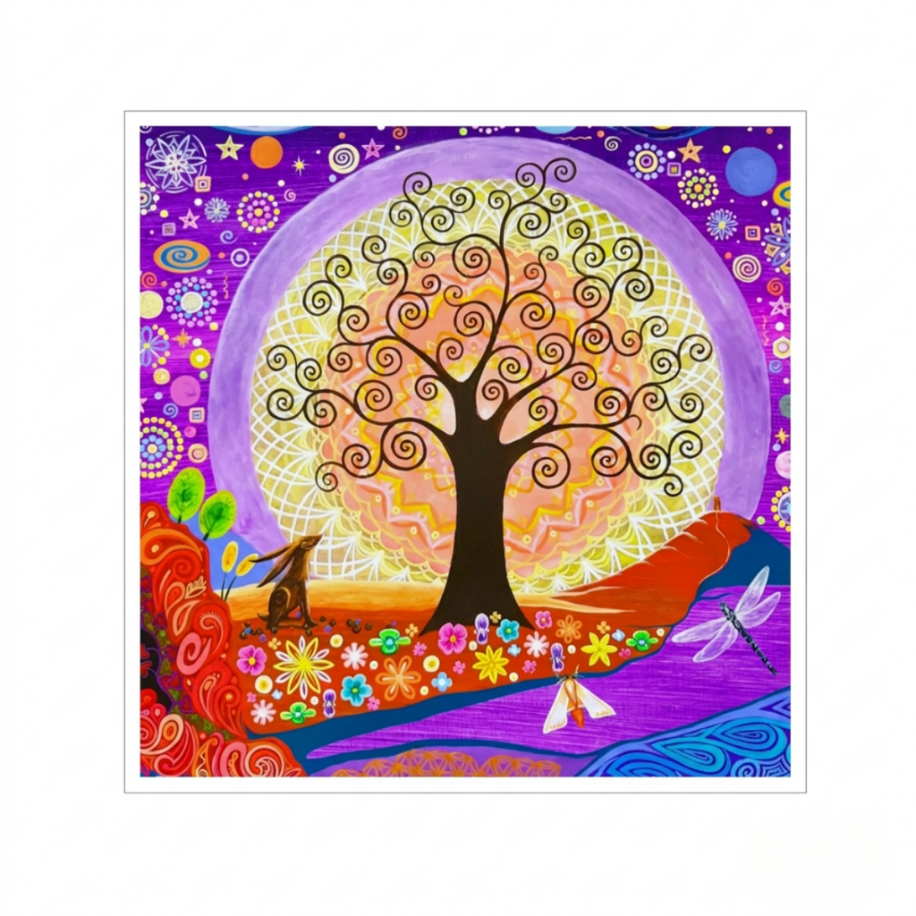 Colourful artwork of a tree with abstract designs and animals on a white background