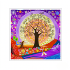 Colourful artwork of a tree with abstract designs and animals on a white background