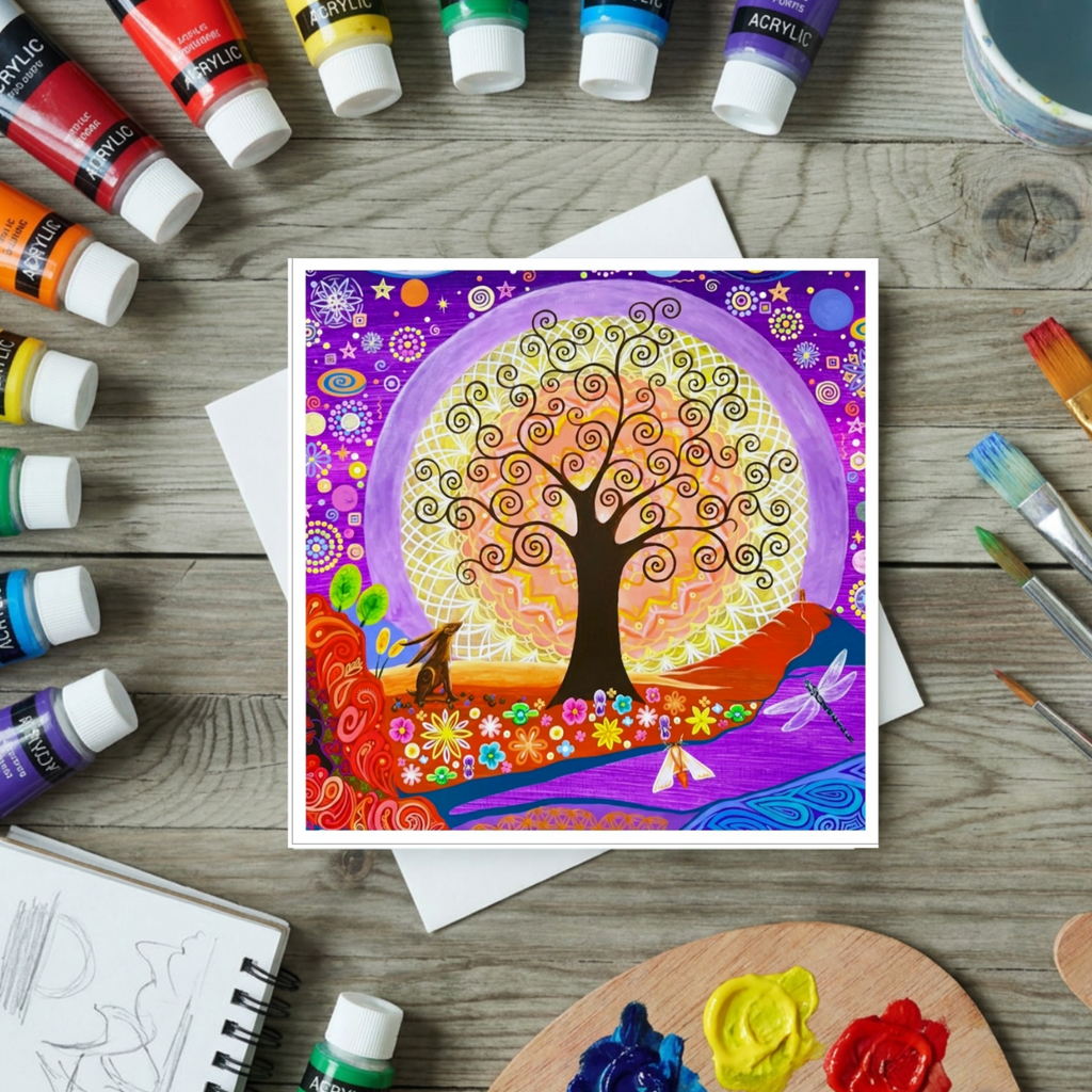 Colourful painting of a tree with animals on a wooden surface with art supplies.