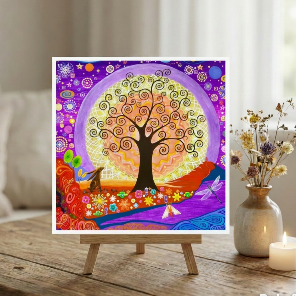 Colourful artwork of a tree with animals on a small easel, placed on a wooden surface.