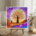 Colourful artwork of a tree with animals on a small easel, placed on a wooden surface.