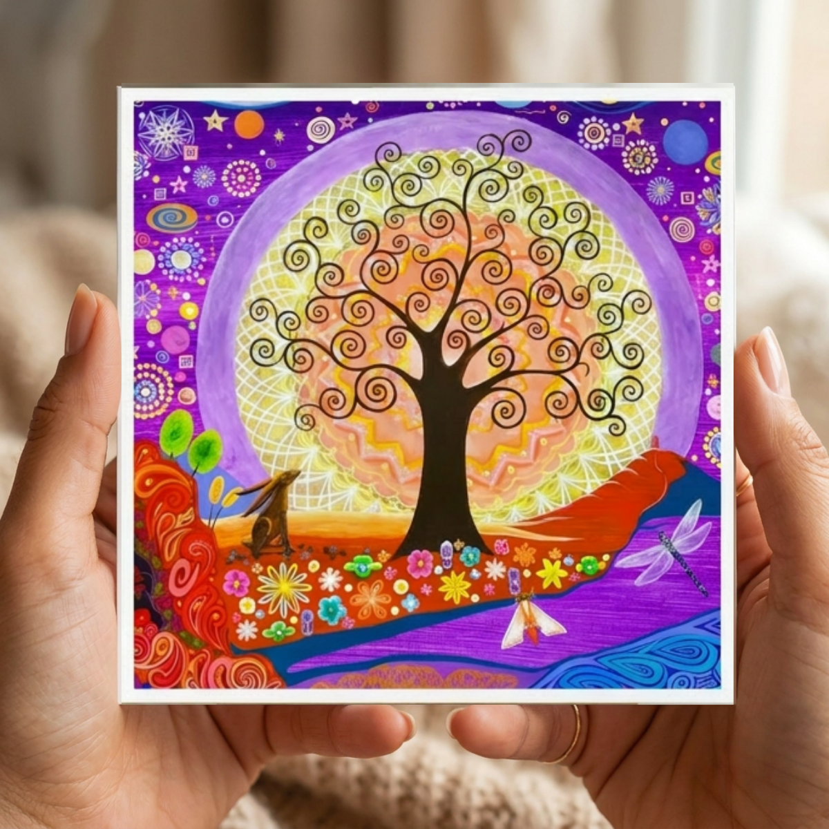 Colourful artwork of a tree and hare held between two hands