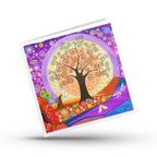 Colourful greeting card with a tree of Life and Moon gazing Hare design on a white background