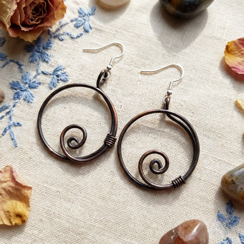 Hoop copper spiral earrings flat lay, handmade boho hoop earrings UK